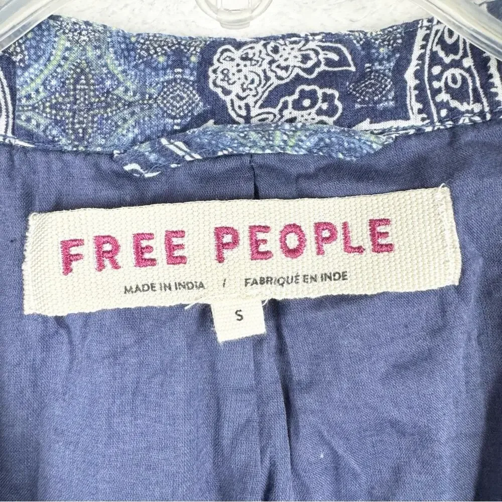 Free People Anissa Bed Jacket Eyelet Lace Tie Front Blue Combo Size S Beach Boho